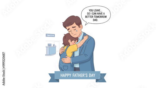 Father's Day Sentiment: An illustration portrays a heartwarming moment where a father embraces his child. conveying themes of love, family, and appreciation on Father's Day. 