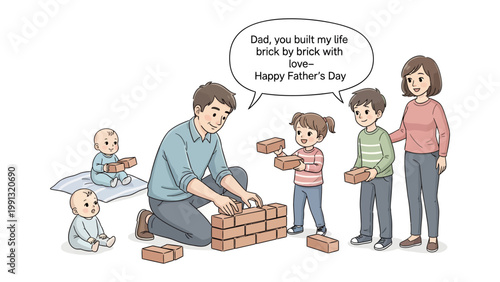 Father's Day Bonding: A heartwarming illustration depicts a father constructing a brick wall with his children, symbolizing the strong foundation of family and love.