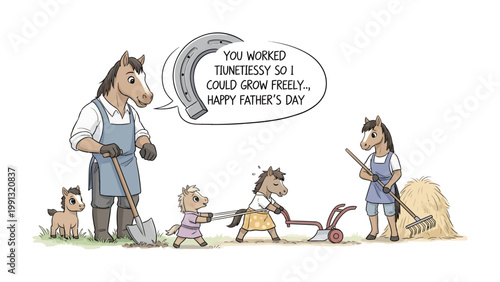 Father's Day in the Meadow: A heartwarming illustration of a horse family celebrating Father's Day in a lush, green meadow.