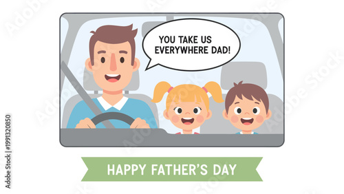 Father's Day Car Ride: A heartwarming illustration captures a father driving his children, with a message of appreciation, creating a joyful Father's Day scene.