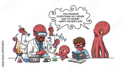 Octopus Scientist's Father's Day: A whimsical illustration featuring a scientist octopus, handling lab equipment and celebrating Father's Day with his offspring.