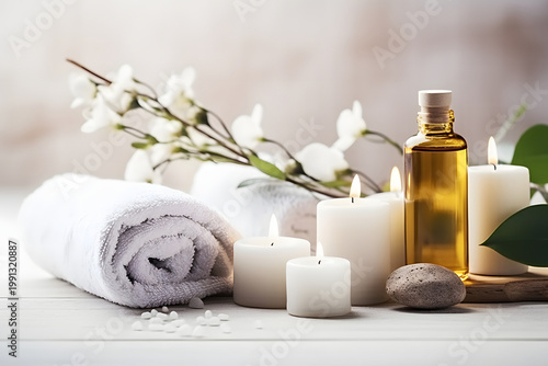 Spa Still Life with Towels Orchids and Candles Relaxation Setting