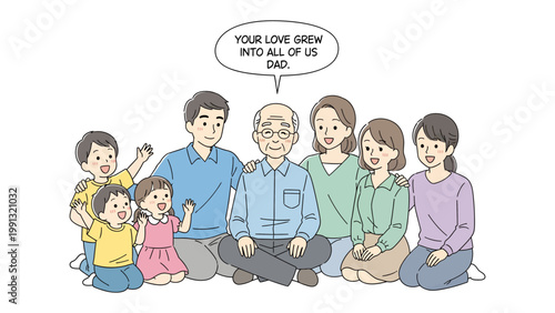 Family Love and Unity: A tender moment as a large family gathers around their beloved father, their faces alight with affection and gratitude.