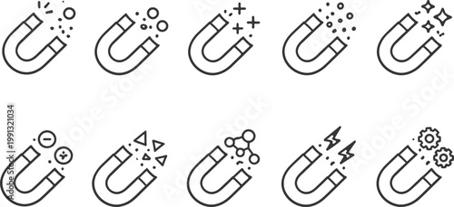 Line art illustration of magnets attracting various metallic objects