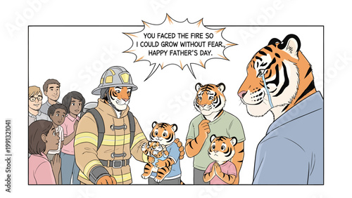 Fathers Day Celebration: An animated and heartwarming illustration, filled with anthropomorphic tigers, celebrates Father's Day, evoking feelings of love, gratitude, and familial connection.