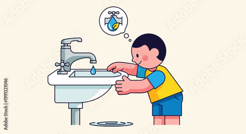 Cartoon boy washing hands at the bathroom sink with a water saving thought bubble.