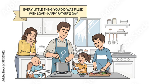Family Cooking Together: An illustration capturing a warm family moment in the kitchen on Father's Day, where a father and his children are seen cooking a meal with love.