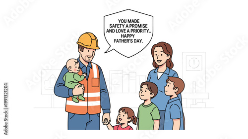 Family with father in safety clothes: A father in safety gear holding baby and stands with his family, including mother and children. They are gathered together, symbolizing family safety.
