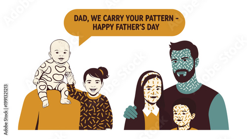 Family bond on Father's Day: A touching Father's Day illustration, portraying a close-knit family, where the children joyfully proclaim their appreciation for their dad.