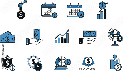 Financial business icon set with money growth investment banking calendar profit analytics symbols flat vector illustration