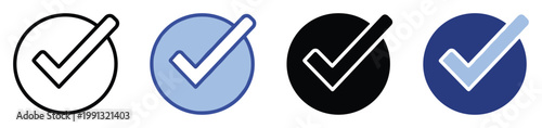 Checkmark icon set with circle borders, indicating approval, completion, verification, and confirmation for user interface and digital applications.