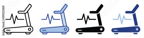 Cardio workout treadmill with heart rate pulse line icon for fitness applications and health monitoring programs