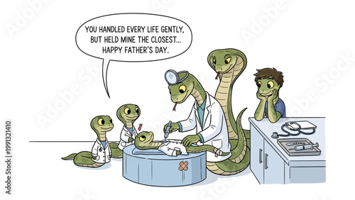 Father's Day Scene: A heart-warming father's day illustration depicting a family of snakes, the father is a doctor treating one of the snakelet in a caring manner.