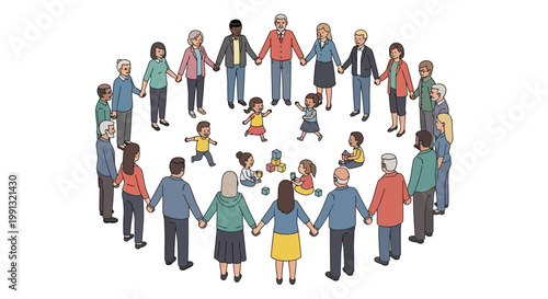 Diverse group of people standing in a large circle holding hands.
