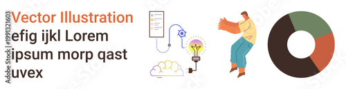 Business strategy, teamwork, data visualization, innovation, technology, creative solutions. Abstract icons including light bulb, pie chart and human figure. Business strategy and innovation