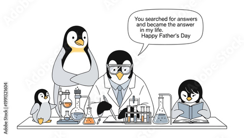 A Father's Day Experiment: A heartwarming cartoon depicts a penguin father in a lab coat, guiding his children in a science experiment, all celebrating Father's Day. 
