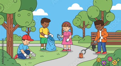 Group of diverse children cleaning up litter in a park.