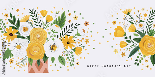 A vibrant floral arrangement with yellow and white blooms and green foliage