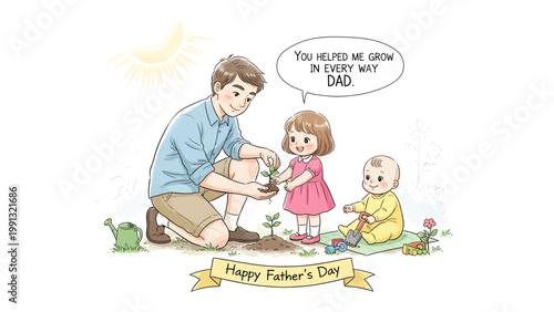 Father's Day Planting: A heartwarming scene where a father plants a seedling with the help of his daughter, while his infant child watches on, all under the gentle glow of the sun.