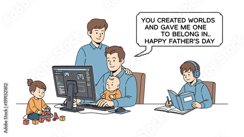 Family in digital age: Depicting a father's role in the digital age, a father surrounded by his children, showing the blend of technology, work, and family. It's a heartwarming illustration.