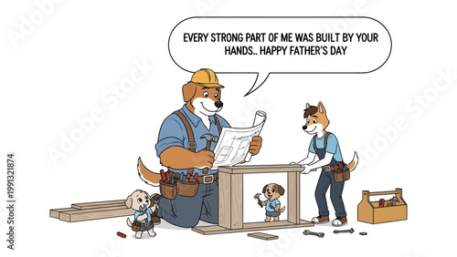 Father's Day Cartoon: Adorable cartoon scene of a father and son canine characters collaboratively building a structure together, surrounded by tools and materials.