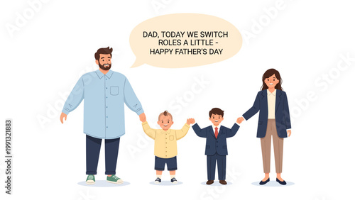 Happy Father's Day: A cartoon illustration depicts a family unit celebrating Father's Day, with a special message exchange between father and child.