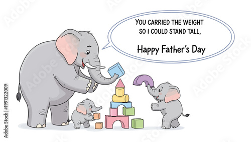 Father's Day with Elephants: Heartwarming scene of an elephant family celebrating Father's Day, with a parent and offspring working together to build with blocks and share tender moments.