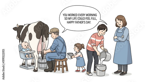 Father's Day Dedication: A heartwarming illustration captures a father's dedication, with family involvement on the farm and in dairy farming. Happy Father's day!