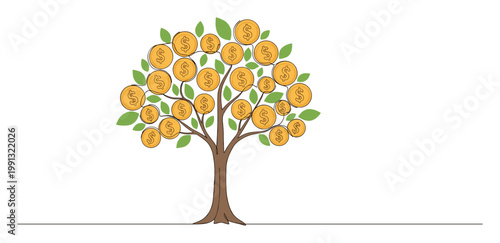 Money tree with dollar coins symbolizes financial growth, successful investment, and wealth generation for business finance concepts.