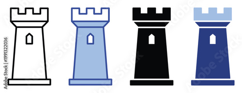 Four different stylistic representations of a classic chess rook piece perfect for game development and strategic branding needs