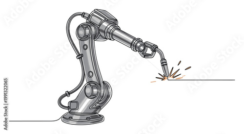 Industrial robotic arm performs precision cutting, illustrating modern manufacturing automation and advanced engineering concepts.