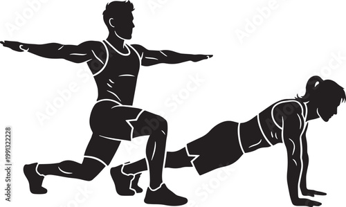 Silhouette of man and woman exercising together showing lunge and plank positions for fitness training against transparent backdrop.