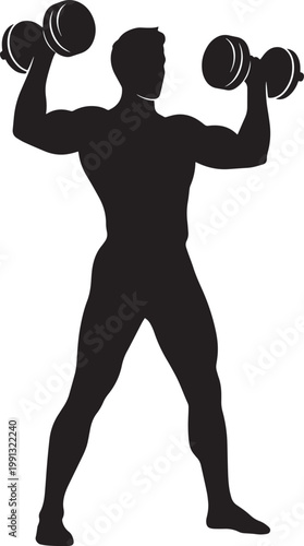 Strong man holding weights in silhouette on transparent checkered background for workout illustration.