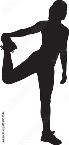 Full length silhouette of female athlete stretching her quadriceps while standing on one leg for pre workout warm up preparation.