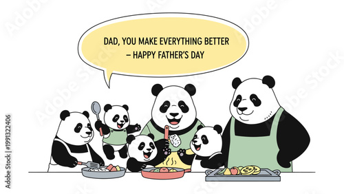 Panda Family Celebrates Father's Day: A heartwarming illustration of a panda family, with the father panda being honored with a Father's Day message and a meal prepared with love.