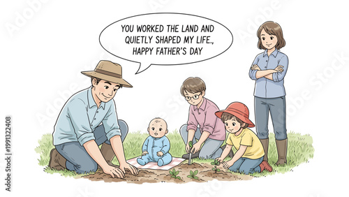 Family on Father's Day: A loving family is working the land and quietly shaping life together, planting the seed in ground on Father's Day.