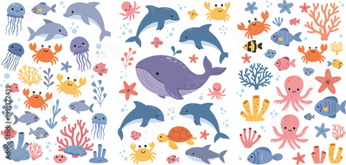 Cute underwater sea animals pattern with whale dolphin fish octopus crab and coral cartoon vector illustration seamless design