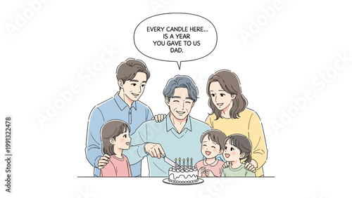 Family's Birthday Moment: A heart-warming illustration of a family celebrating a special birthday, complete with a cake and heartfelt message, encapsulating the bonds of love and shared moments.