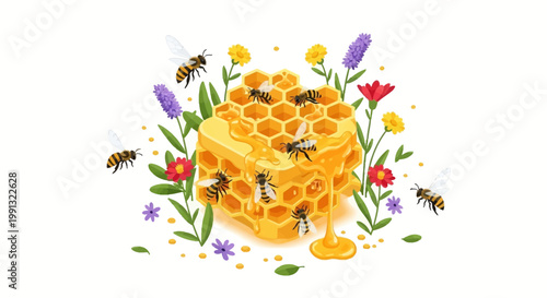 Detailed digital illustration showing honeybees swarming around a dripping honeycomb structure surrounded by colorful wildflower blossoms against a clean white background creating a vibrant