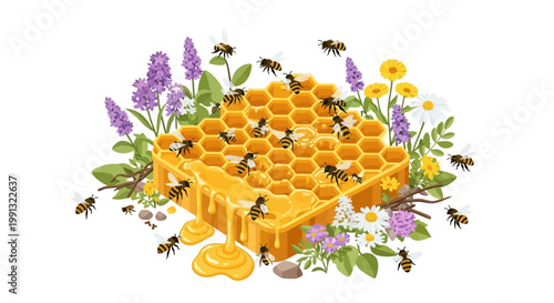 A vibrant illustration depicts a honeycomb dripping with golden honey, surrounded by buzzing bees and a variety of colorful flowers against a white background, showcasing a natural