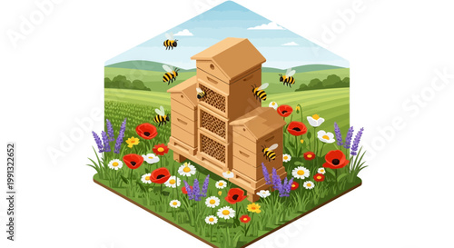 Isometric illustration featuring a wooden beehive surrounded by poppies and lavender in a lush green field, all set against a bright blue sky, creating a vibrant and inviting scene
