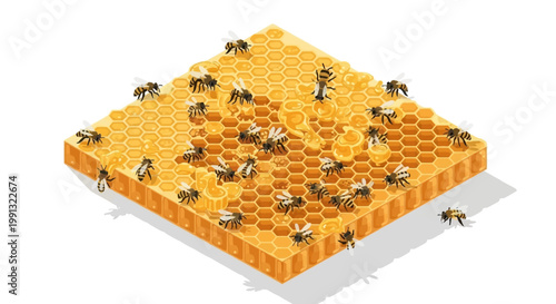 Isometric illustration showcases a group of honeybees swarming on a golden honeycomb structure with detailed hexagonal cells, rendered in a clean, cartoon style against a bright white