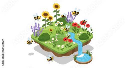 Isometric digital illustration of a floating island garden featuring sunflowers, poppies, lavender, and daisies with bees buzzing around and a small waterfall cascading into a pool