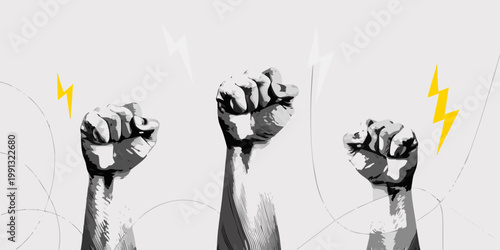 Raised fists in protest with lightning bolts symbolizing power and energy