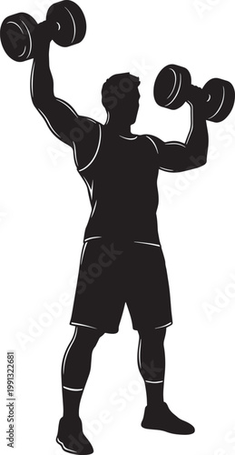 Bodybuilder lifting dumbbells in silhouette against checkered background isolated on transparent background for fitness art.