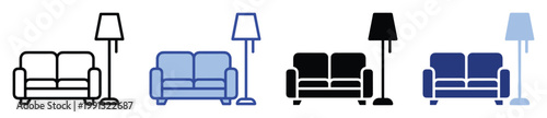Versatile living room icons featuring a comfortable twoseat couch and classic floor lamp for household decor designs