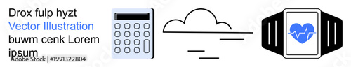 Education, cloud technology, fitness tracking, smart devices, health monitoring, digital learning. A calculator, a cloud and a smartwatch with a heart icon. Fitness tracking and cloud technology