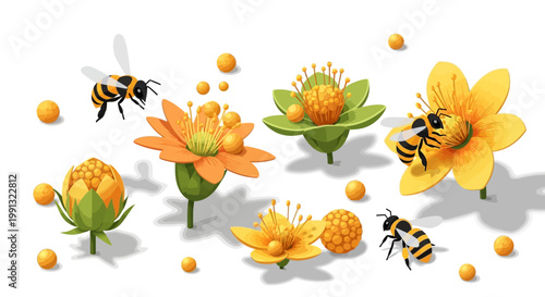Illustrated bees pollinate decorative yellow and green flowers arranged against a white background, designed in a paper-cut style with a shallow depth of field, conveying a cheerful