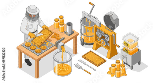 Isometric illustration showing a beekeeper extracting honey from a honeycomb frame using an extractor and filling glass jars on a wooden table against a clean white background