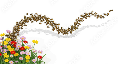 A digitally illustrated swarm of honeybees follows a winding path from a colorful garden of pink, red, and yellow flowers against a stark white backdrop in a clean, graphic design